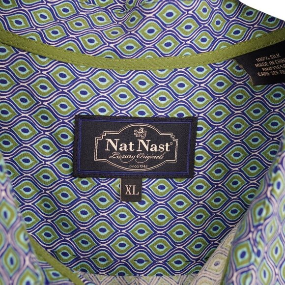 Nat Nast 100% Silk Button Down Shirt XL Blue‎ Short Sleeve Luxe Lounge - Picture 2 of 10